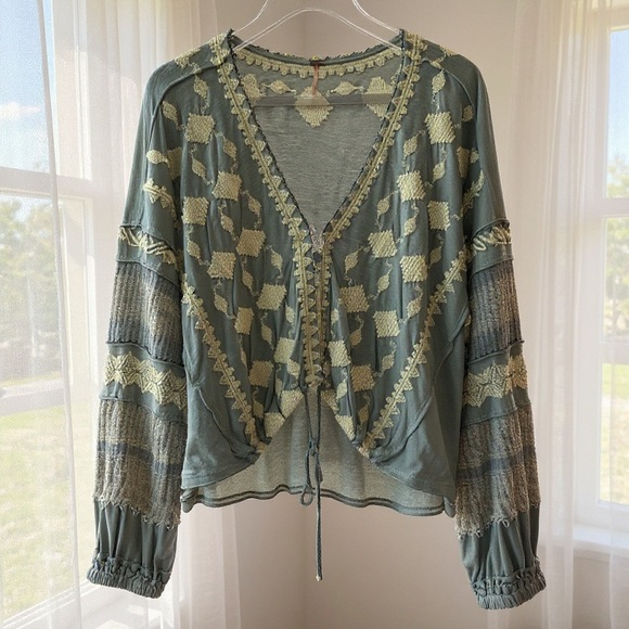Free People Boho Blue Shirt with Matcha Green Accents - Picture 2 of 6